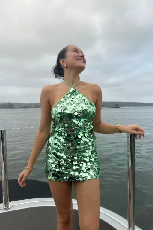 Bambi Halter Top Green Sequin
