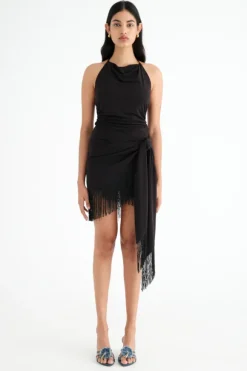 Carolina Fringe Halter Dress Black