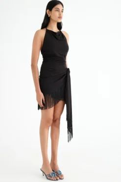 Carolina Fringe Halter Dress Black