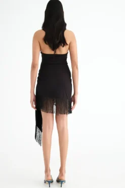 Carolina Fringe Halter Dress Black