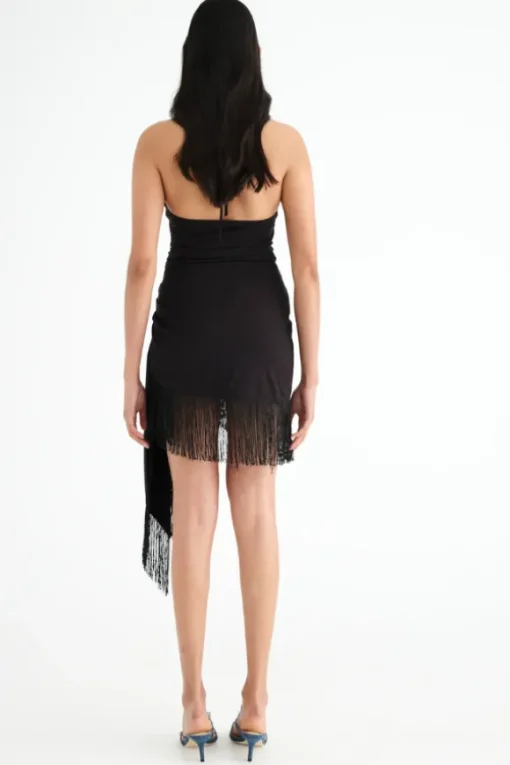 Carolina Fringe Halter Dress Black