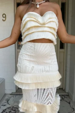 Fringe Sweetheart Cropped Top Ivory