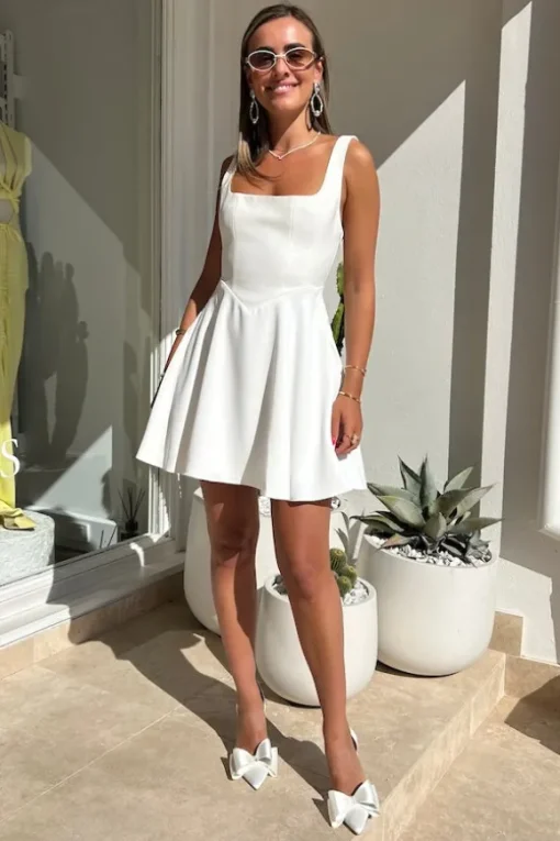 High Waist Square Neck Mini Dress White