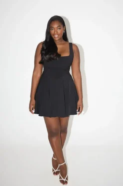High Waist Square Neck Mini Dress Black