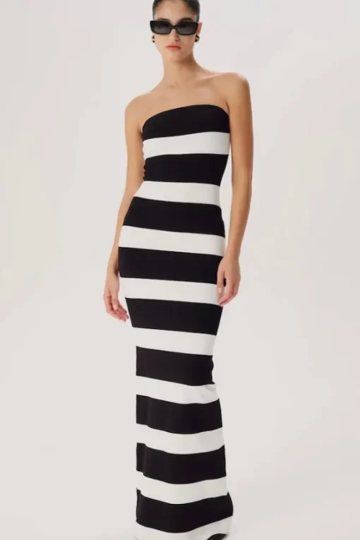 Lehua Knit Dress Black and White Stripe
