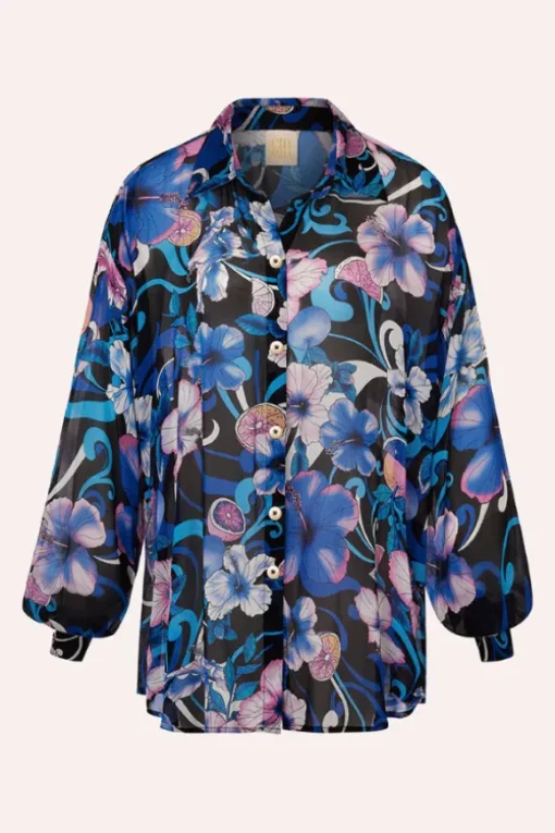 Solace Button Up Shirt Hibiscus Blue