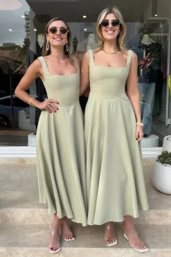 The Ultimate Muse High Waist Square Neck Midi Dress Sage