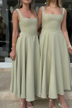 The Ultimate Muse High Waist Square Neck Midi Dress Sage